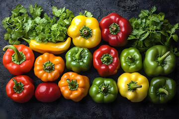 Assortment Colorful Peppers And Herbs On Dark Background