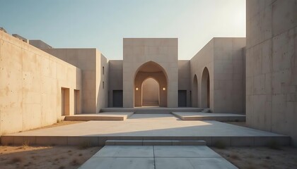 Fototapeta premium Modern Architecture Featuring Minimalist Courtyard Design and Elegant Arches in Desert Landscape