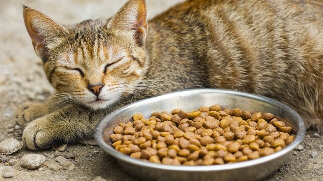 A sleeping tabby cat rests beside a bowl of dry cat food, enjoying a peaceful moment in its outdoor environment.