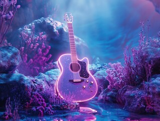 Glowing guitar on ocean floor, underwater scene, neon light, music album art