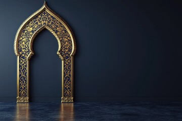 Fototapeta premium An ornate golden arched doorway stands against a dark backdrop