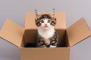 A curious kitten peeks out from a cardboard box, showcasing its playful nature and adorable features against a neutral background.