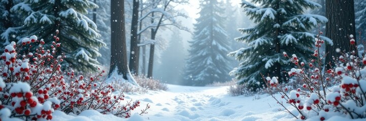 Naklejka premium Snowy forest landscape with holly plants and red berries, landscape, nature, evergreen