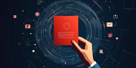 Hand holding red document; digital network background; online marketing