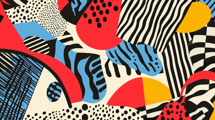 Fototapeta premium Memphis-style pattern featuring bold geometric shapes, vibrant primary colors, and playful abstract doodles