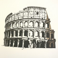 Ancient Roman Coliseum Drawing Illustration In Black And White Historic Architectural Landmark