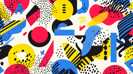 Memphis-style pattern featuring bold geometric shapes, vibrant primary colors, and playful abstract doodles