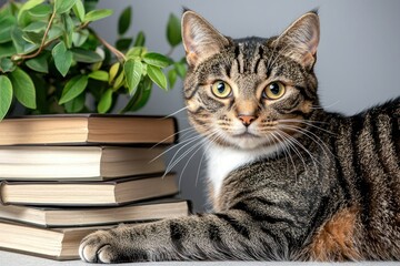 A tabby cat rests beside a stack of books with a green plant, showcasing a cozy and intellectual atmosphere.