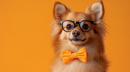Charming Dog Wearing Glasses and Bow Tie Against Bright Orange Background