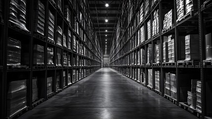 Fototapeta premium Warehouse Storage Racks with Goods in Distribution Center - Inventory Management
