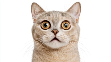 A surprised-looking cat with large, expressive eyes and a light-colored coat, set against a plain white background.