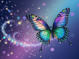 Magical Butterfly Glow.  Mesmerizing butterfly in flight, leaving behind sparkling magical trails. Vibrant blues and greens in an ethereal fantasy scene.