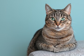 A serene tabby cat with striking green eyes rests comfortably against a soft surface, set against a calming blue background.