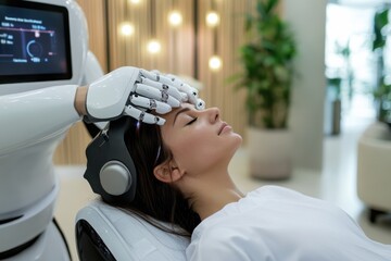 A woman relaxes as a robot performs a soothing touch at a spa, representing the blend of technology and comfort in personal wellness and self-care routines.