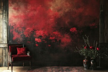 Dark Room with Red Chair and Vases in Front of Abstract Painted Wall Interior Design