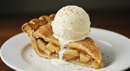 A slice of classic apple pie topped with creamy vanilla ice cream delight