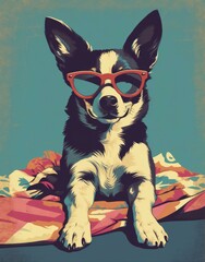 Canine Friend in Shades Relaxing on Patterned Textile with Blue Background Unique Graphic Art
