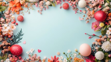 Flowers frame and eggs Easter background concept with holiday accessories, April 1st themed party attributes. Close up, copy space, top view, flat lay.