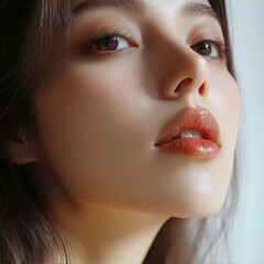 Close Up Portrait Of A Person With Brown Eyes And Glossy Lips Looking To The Right Side