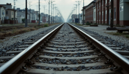 Fototapeta premium Railroad tracks stretch to horizon, pathway of steel and stone fading into distance. This evoke sense of journey