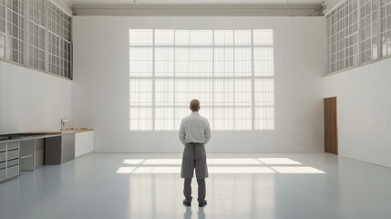 Fototapeta premium Person Standing in Minimalist Room Facing Large Lit Window Interior Design Simple Space