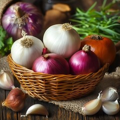 A rustic wicker basket filled with fresh white, red, and golden onions, surrounded by garlic cloves and herbs on a wooden table. A warm, earthy composition highlighting natural ingredients and organic