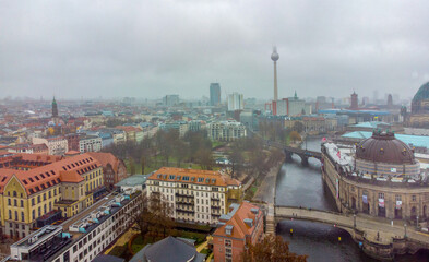 Ukrainian flags over the Bode-Museum in Berlin and Spree river  and Fernsehturm © Marat Lala