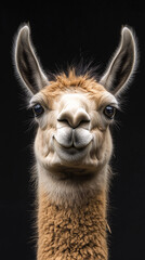 Obraz premium a close-up against a dark background and shows the llama smiling.