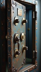 Fototapeta premium Steampunk Door Industrial Metal Round Circular Mechanism Gears Rivets Handle Portal Entrance Exit Secure Heavy Strong Mystery Hidden