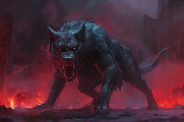 A menacing werewolf bares its teeth in a fiery setting
