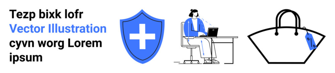 Blue medical shield, woman working on a laptop at a desk, handbag with a price tag. Ideal for healthcare, remote work, e-commerce, technology, workplace safety, health awareness flat landing page
