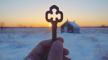 Handheld antique key at winter sunrise, snowy field, small cabin