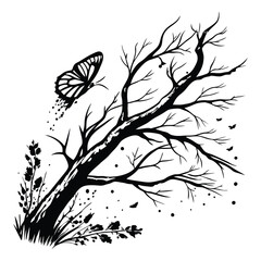 Black and white tree butterfly vector elements line art silhouette design