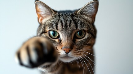 Fototapeta premium Playful tabby cat reaching out, studio shot