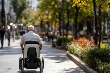 Obraz premium A senior man comfortably rides in a modern wheelchair, enjoying the beauty of an urban park, reflecting independence and accessibility in contemporary settings.
