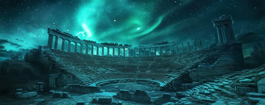 Ancient roman amphitheater under spectacular northern lights sky