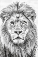 Fototapeta premium Lion Face Closeup Black and White Sketch Portrait Big Cat Fur Mane Wild Animal Monochromatic Artwork