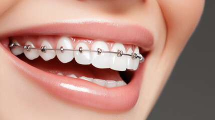 Obraz premium White teeth with metal braces closeup. Orthodontic treatment