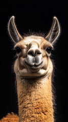 Obraz premium a close-up against a dark background and shows the llama smiling.