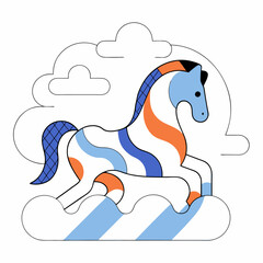 Playful Striped Horse Vector Illustration - Blue, Orange.