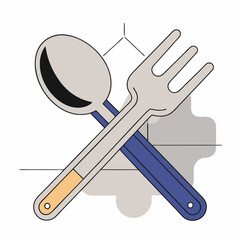 Minimalist Crossed Spoon & Fork Illustration - Gray, Blue.