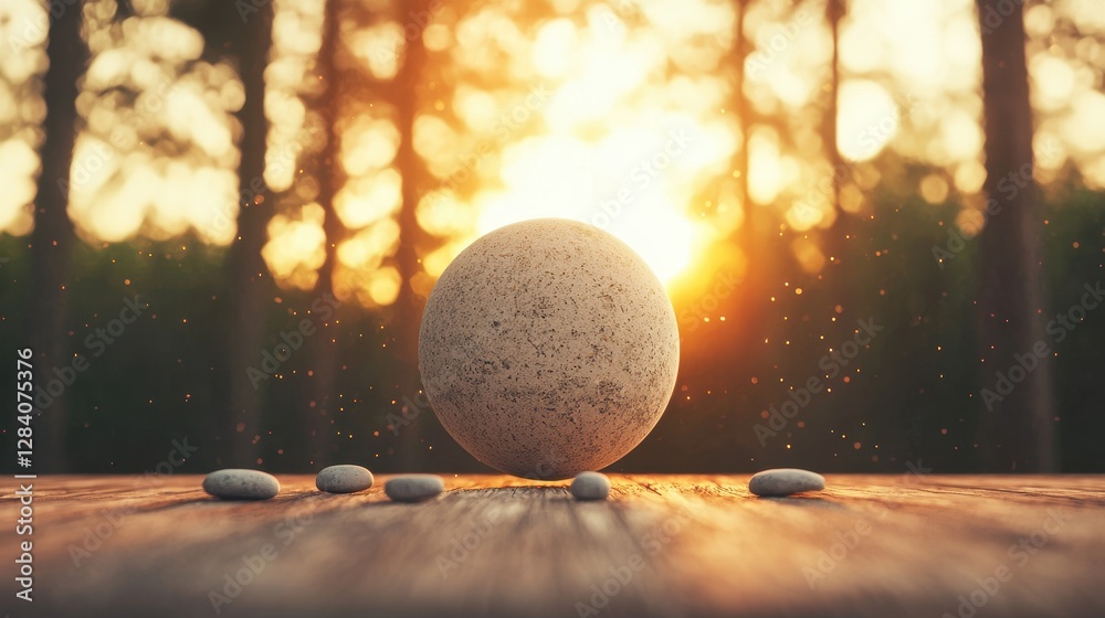 Wall mural Serene Sunset with Stone Sphere and Pebbles on Wooden Surface