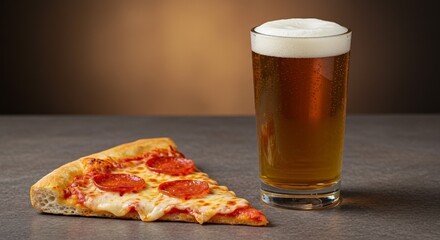 Delicious pepperoni pizza slice paired with a refreshing frothy beer