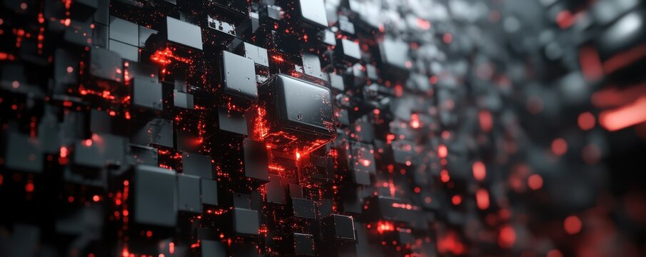 Futuristic black and red cubes with glowing edges creating a dynamic digital landscape