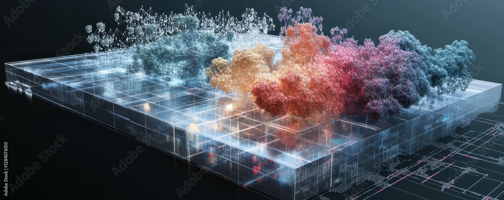 Poster futuristic data visualization with abstract neural networks and digital complexity render