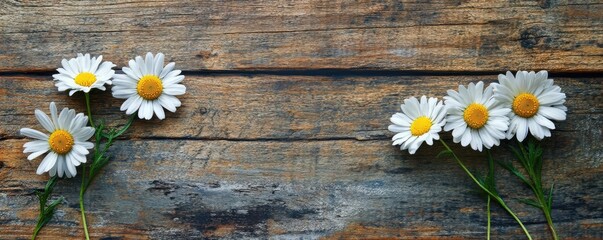 Obraz premium White daisies arranged on rustic wooden surface with natural texture