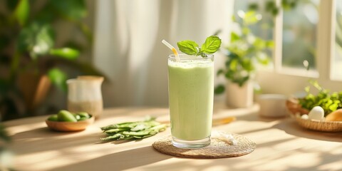 Fototapeta premium A green smoothie on a table with carrots and kale