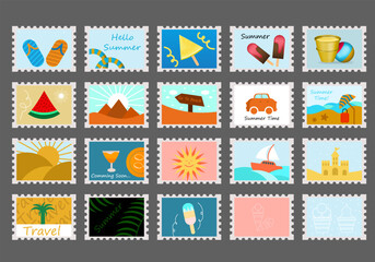 Set of summer post card stamp illustration. summer postage sticker collection, Summer time holiday mail postmark