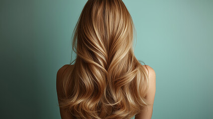 Fototapeta premium Close-up back view of a woman with layered feathered brunette hair, golden highlights, and soft movement against a pastel background