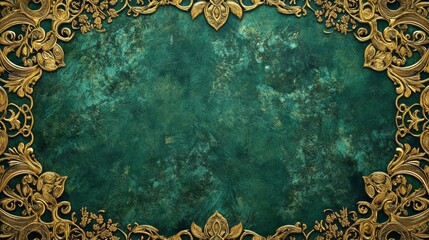 An elegant vintage frame design features ornate golden embellishments surrounding a deep emerald green background, artfully constructed to enhance any artistic display or memory
